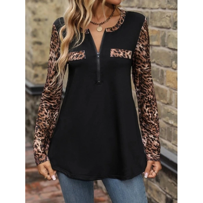 Kadın Uzun Kollu önden Fermuarlı Cepli Leopar Detaylı Viskon