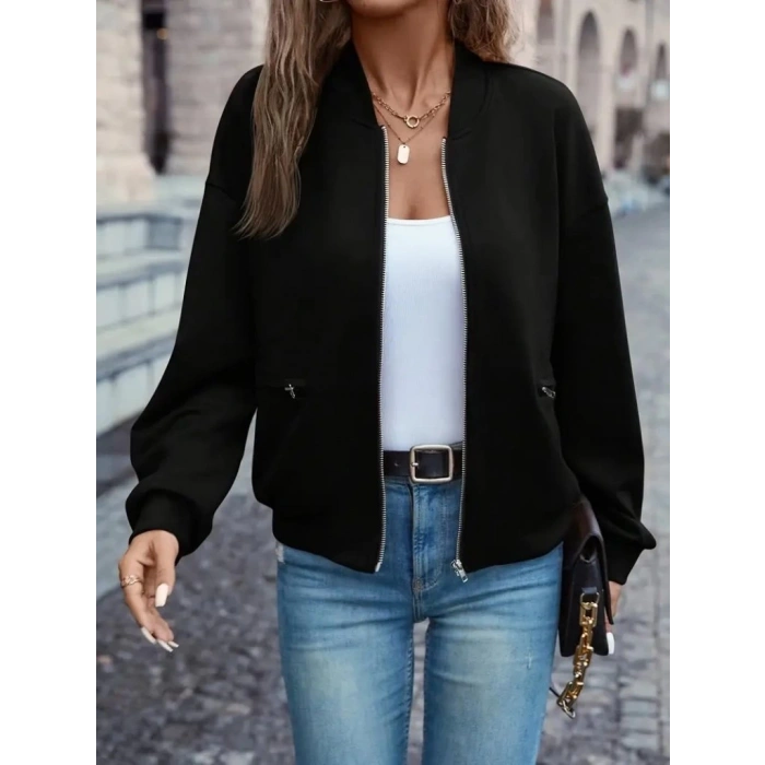Kadın Uzun Kollu önden Fermuarlı Cepli Modal Ceket