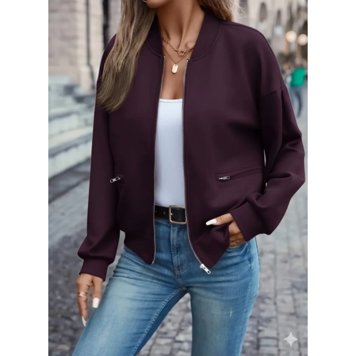 Kadın Uzun Kollu önden Fermuarlı Cepli Modal Mürdüm Ceket