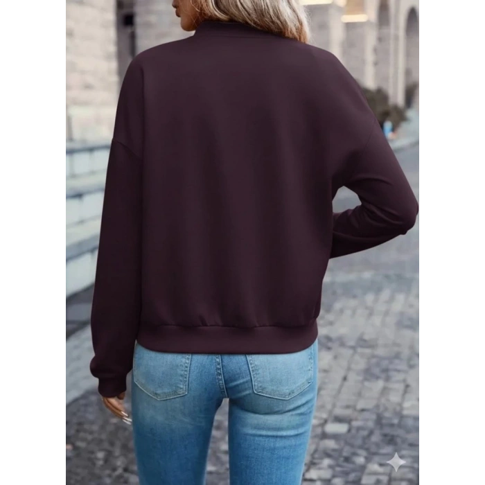 Kadın Uzun Kollu önden Fermuarlı Cepli Modal Mürdüm Ceket