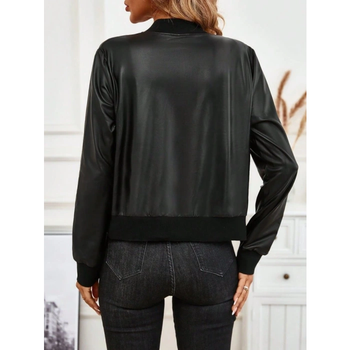 Kadın Uzun Kollu önden Fermuarlı Deri Kısa Ceket