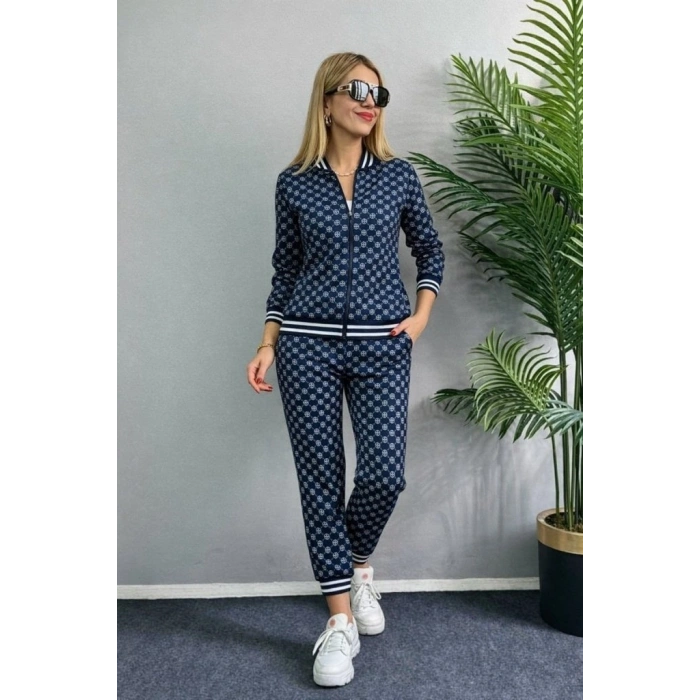 Kadın Uzun Kollu önden Fermuarlı Desenli Iki Iplik Bluz Ve Pantolon Ikili Takım