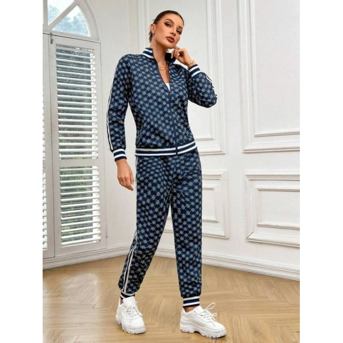 Kadın Uzun Kollu önden Fermuarlı Desenli Iki Iplik Bluz Ve Pantolon Ikili Takım