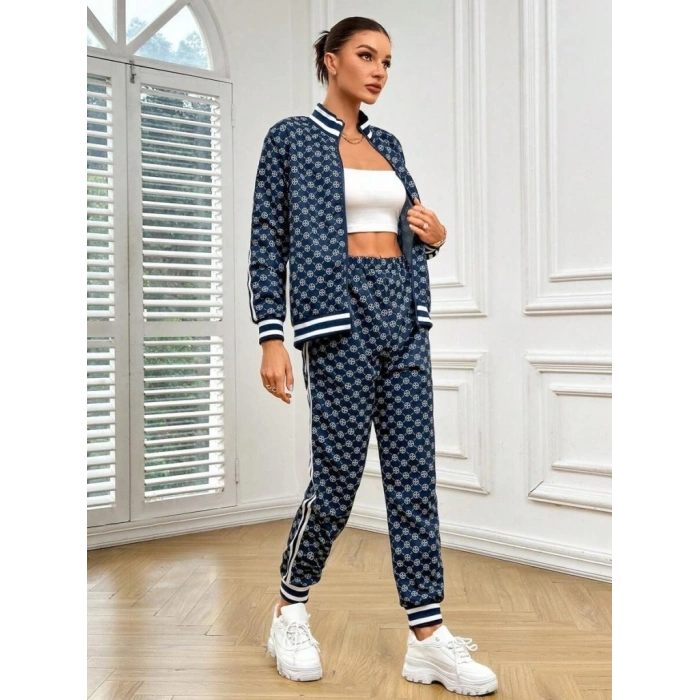 Kadın Uzun Kollu önden Fermuarlı Desenli Iki Iplik Bluz Ve Pantolon Ikili Takım