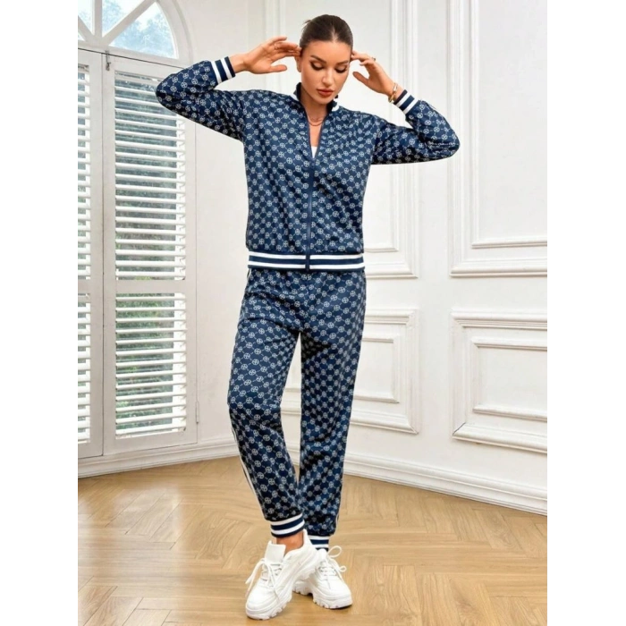 Kadın Uzun Kollu önden Fermuarlı Desenli Iki Iplik Bluz Ve Pantolon Ikili Takım