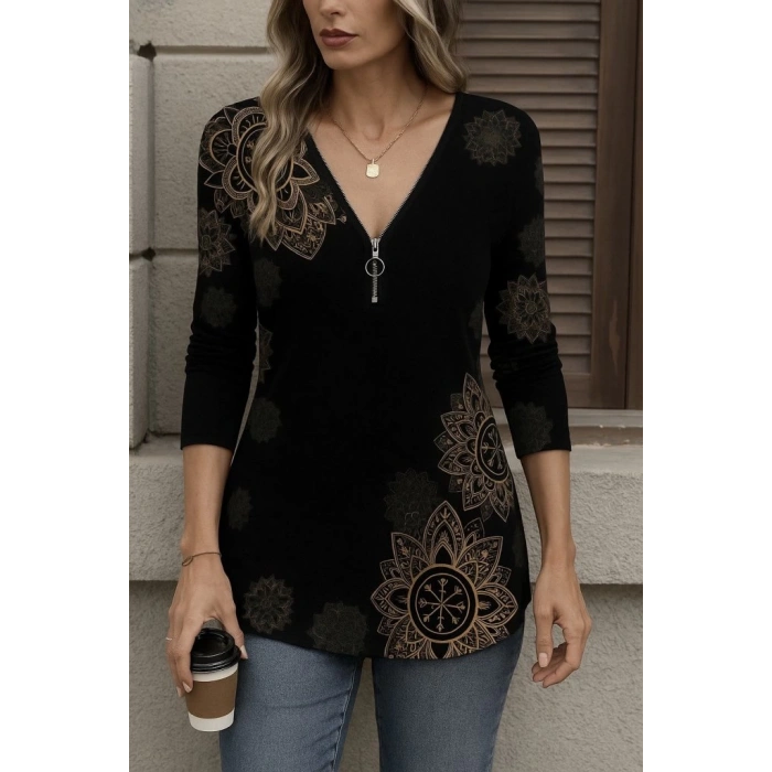 Kadın Uzun Kollu önden Fermuarlı Desenli Süprem Bluz