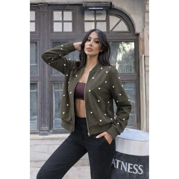 Kadın Uzun Kollu önden Fermuarlı Incili Kısa Modal Ceket