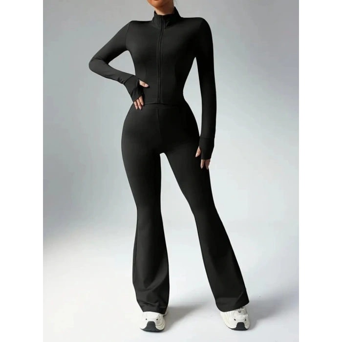 Kadın Uzun Kollu önden Fermuarlı Kısa Dalgıç Bluz Ve Pantolon Ikili Takım