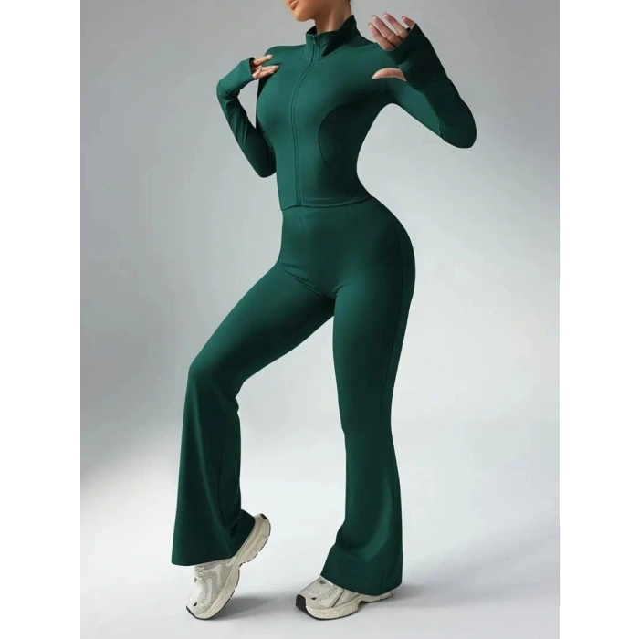 Kadın Uzun Kollu önden Fermuarlı Kısa Dalgıç Bluz Ve Pantolon Ikili Takım