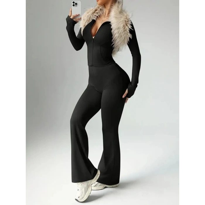 Kadın Uzun Kollu önden Fermuarlı Kısa Dalgıç Bluz Ve Pantolon Ikili Takım