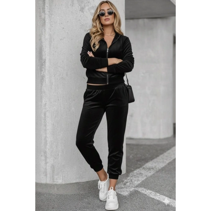 Kadın Uzun Kollu önden Fermuarlı Krop Kadife Ceket Ve Pantolon Ikili Takım