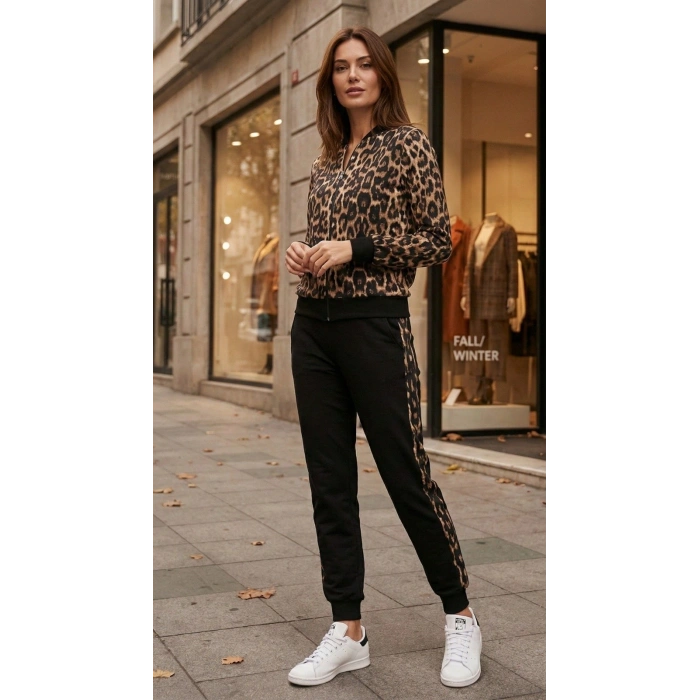 Kadın Uzun Kollu önden Fermuarlı Leopar Desen Detaylı Viskon Iki Iplik Kumaş Ikili Takım