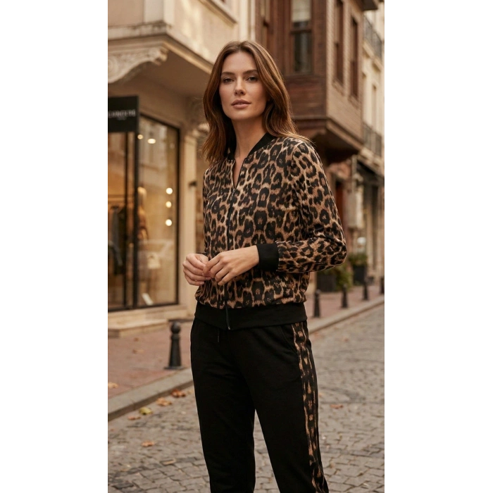 Kadın Uzun Kollu önden Fermuarlı Leopar Desen Detaylı Viskon Iki Iplik Kumaş Ikili Takım