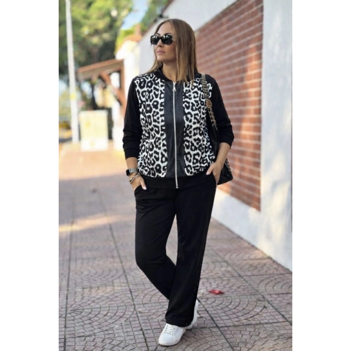 Kadın Uzun Kollu önden Fermuarlı Leopar Desenli Viskon Iki Iplik Bluz Ve Pantolon Ikili Takım