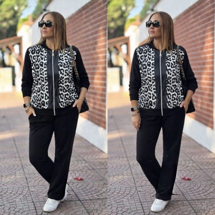 Kadın Uzun Kollu önden Fermuarlı Leopar Desenli Viskon Iki Iplik Bluz Ve Pantolon Ikili Takım