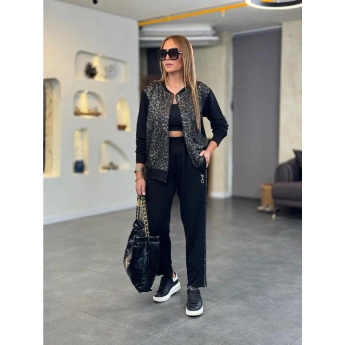 Kadın Uzun Kollu önden Fermuarlı Leopar Desenli Viskon Iki Iplik Bluz Ve Pantolon Ikili Takım