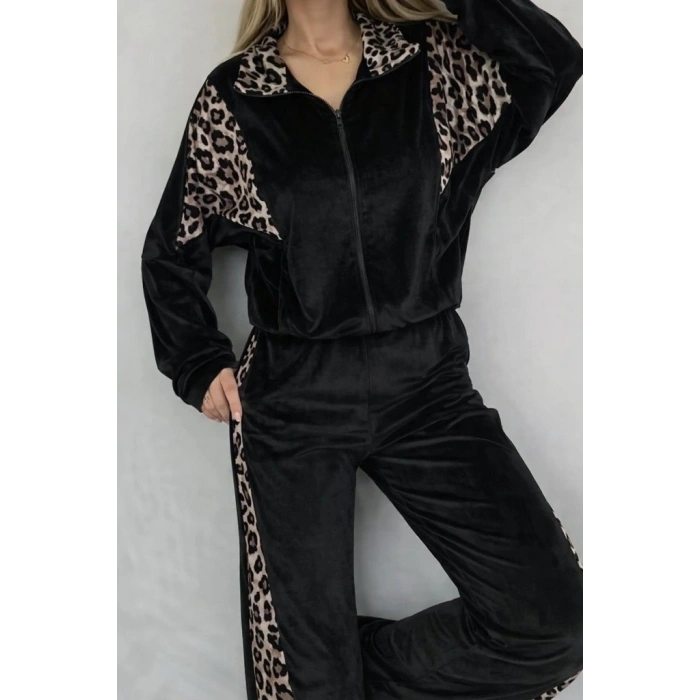 Kadın Uzun Kollu önden Fermuarlı Leopar Detaylı Kadife Bluz Ve Pantolon Ikili Takım
