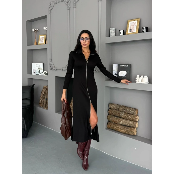 Kadın Uzun Kollu önden Fermuarlı Maxi Viskon Iki Iplik Elbise