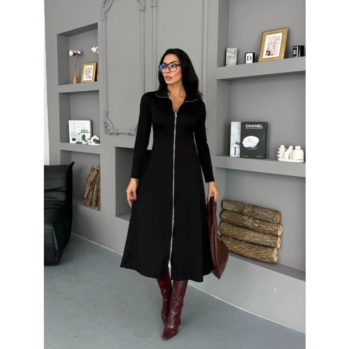 Kadın Uzun Kollu önden Fermuarlı Maxi Viskon Iki Iplik Elbise