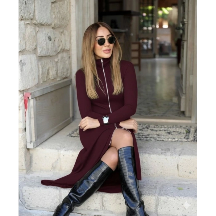 Kadın Uzun Kollu önden Fermuarlı Maxi Viskon Iki Iplik Elbise