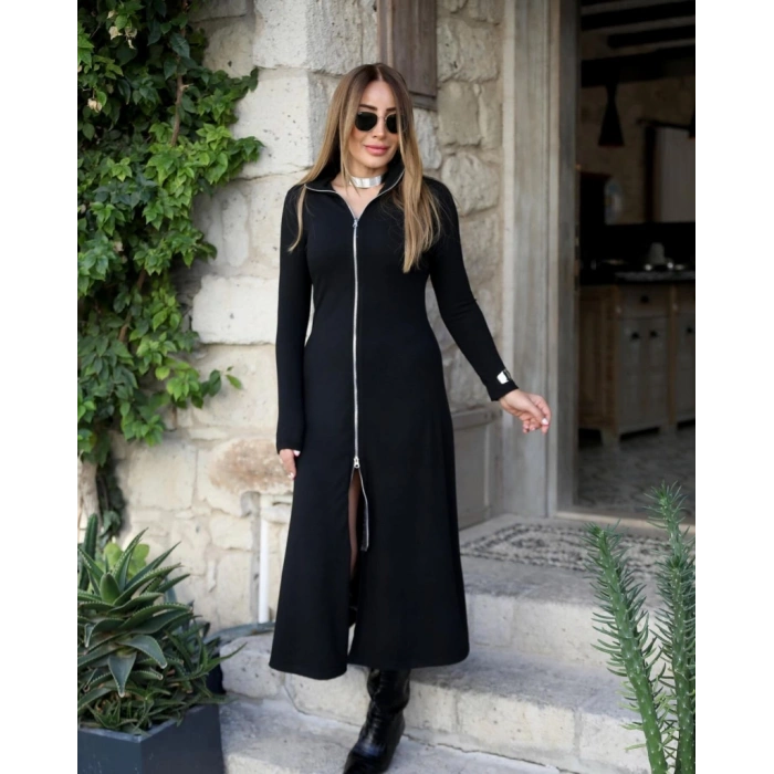 Kadın Uzun Kollu önden Fermuarlı Maxi Viskon Iki Iplik Elbise