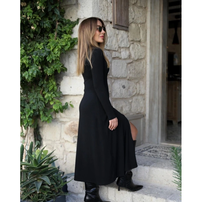 Kadın Uzun Kollu önden Fermuarlı Maxi Viskon Iki Iplik Elbise