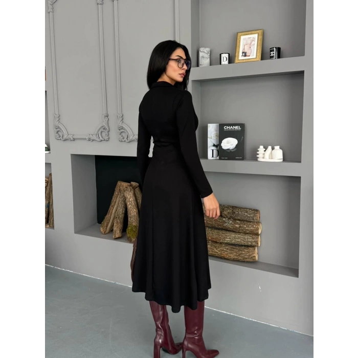 Kadın Uzun Kollu önden Fermuarlı Maxi Viskon Iki Iplik Elbise