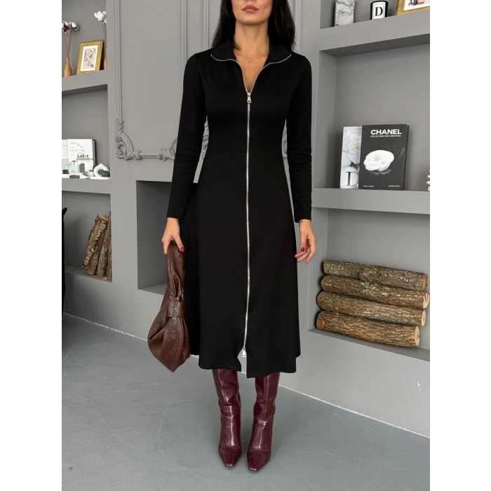 Kadın Uzun Kollu önden Fermuarlı Maxi Viskon Iki Iplik Elbise