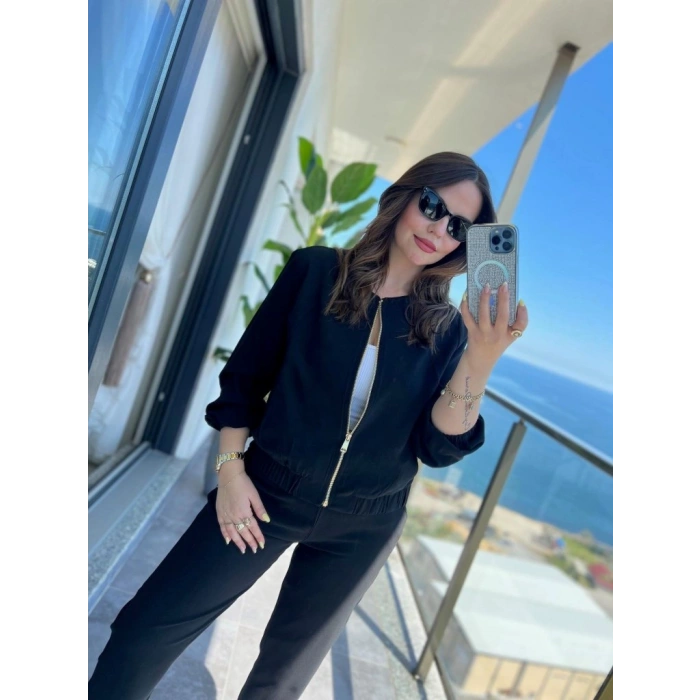 Kadın Uzun Kollu önden Fermuarlı Modal Ceket Ve Pantolon Ikili Takım