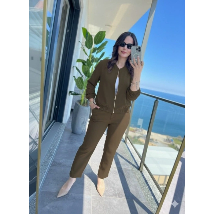 Kadın Uzun Kollu önden Fermuarlı Modal Ceket Ve Pantolon Ikili Takım