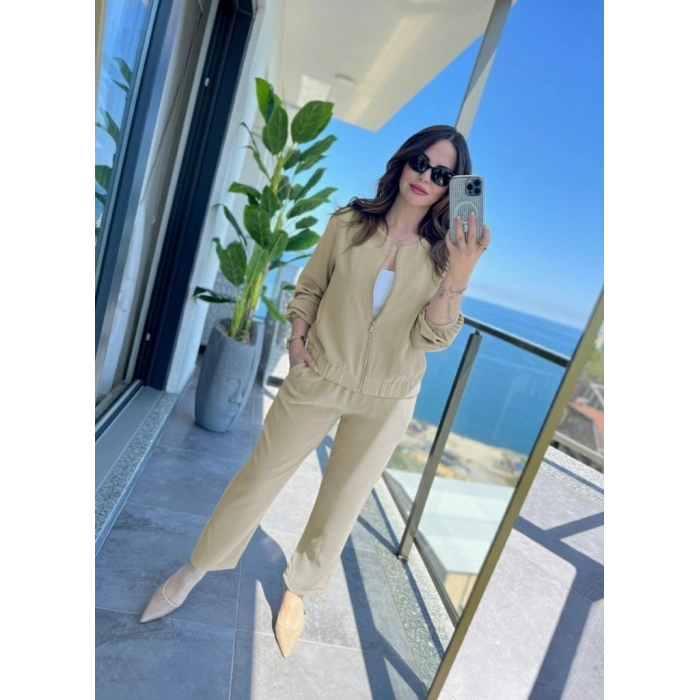 Kadın Uzun Kollu önden Fermuarlı Modal Ceket Ve Pantolon Ikili Takım