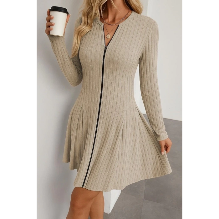 Kadın Uzun Kollu önden Fermuarlı Pileli şardonlu Kaşkorse Mini Elbise