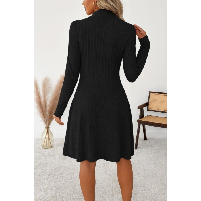 Kadın Uzun Kollu önden Fermuarlı Pileli şardonlu Kaşkorse Mini Elbise