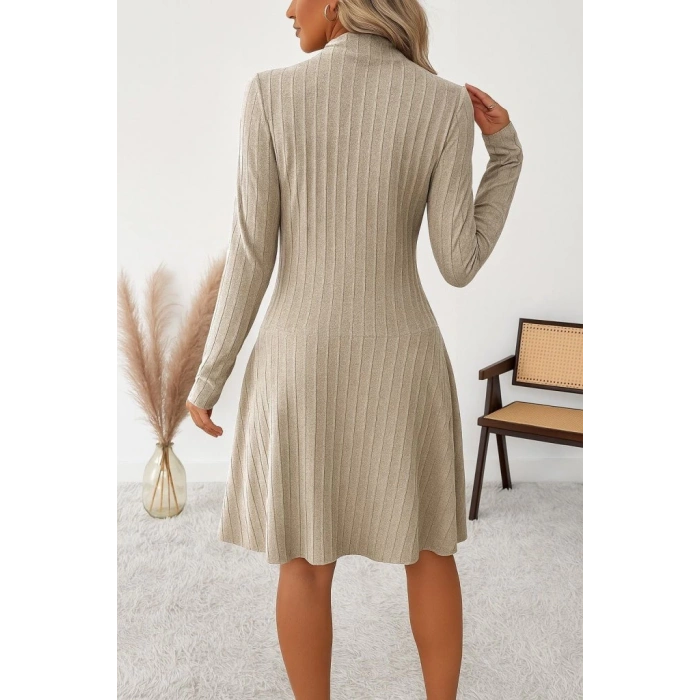 Kadın Uzun Kollu önden Fermuarlı Pileli şardonlu Kaşkorse Mini Elbise