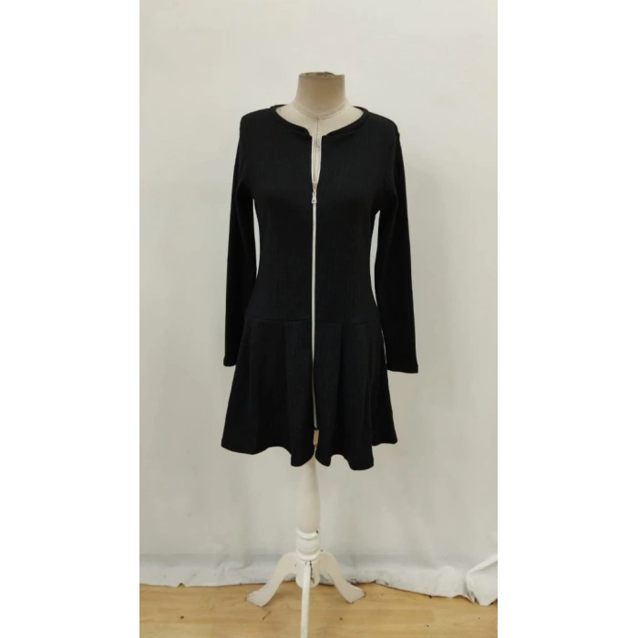 Kadın Uzun Kollu önden Fermuarlı Pileli şardonlu Kaşkorse Mini Elbise