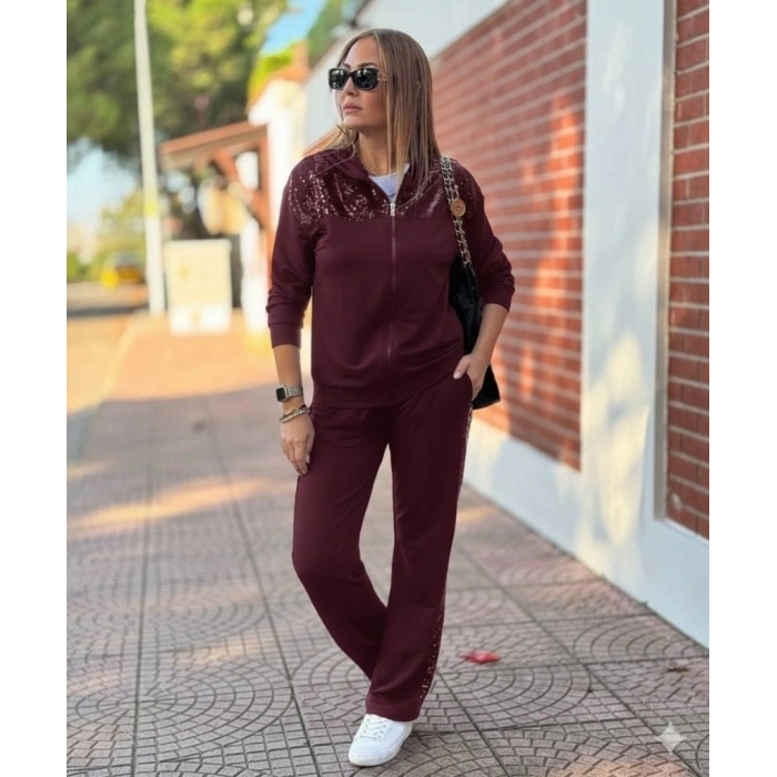 Kadın Uzun Kollu önden Fermuarlı Pul Payetli Alt üst Viskon Iki Iplik Takım