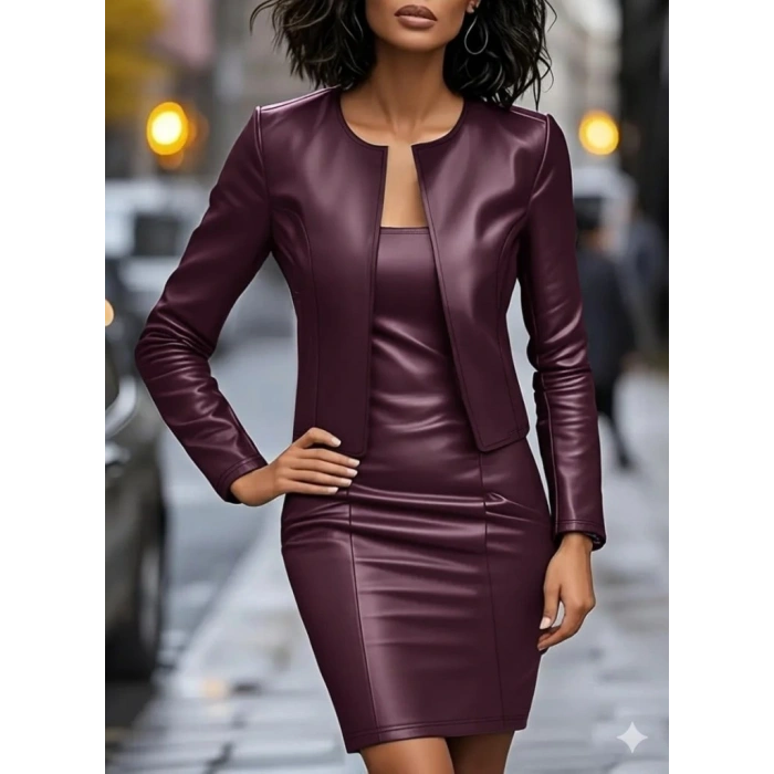 Kadın Uzun Kollu önü Açık Deri Ceket Ve Askılı Yuvarlak Yakalı Mini Elbise Ikili Takım