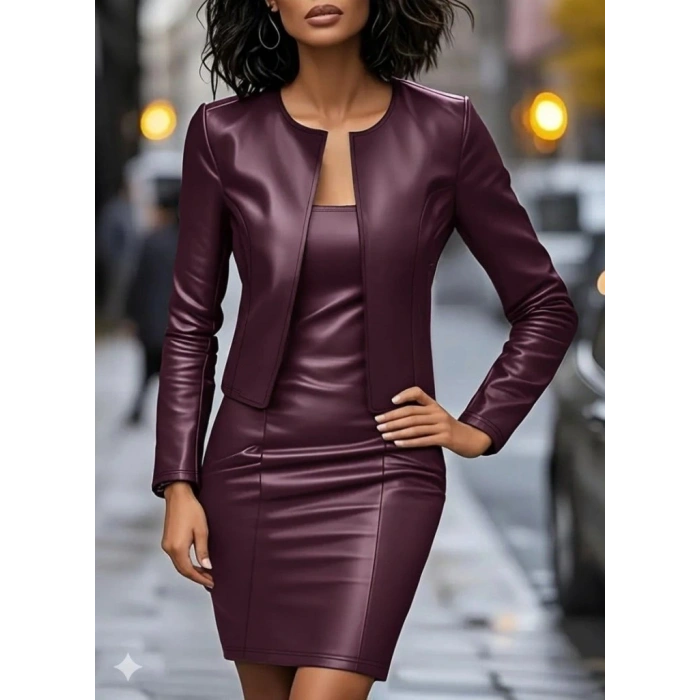Kadın Uzun Kollu önü Açık Deri Ceket Ve Askılı Yuvarlak Yakalı Mini Elbise Ikili Takım