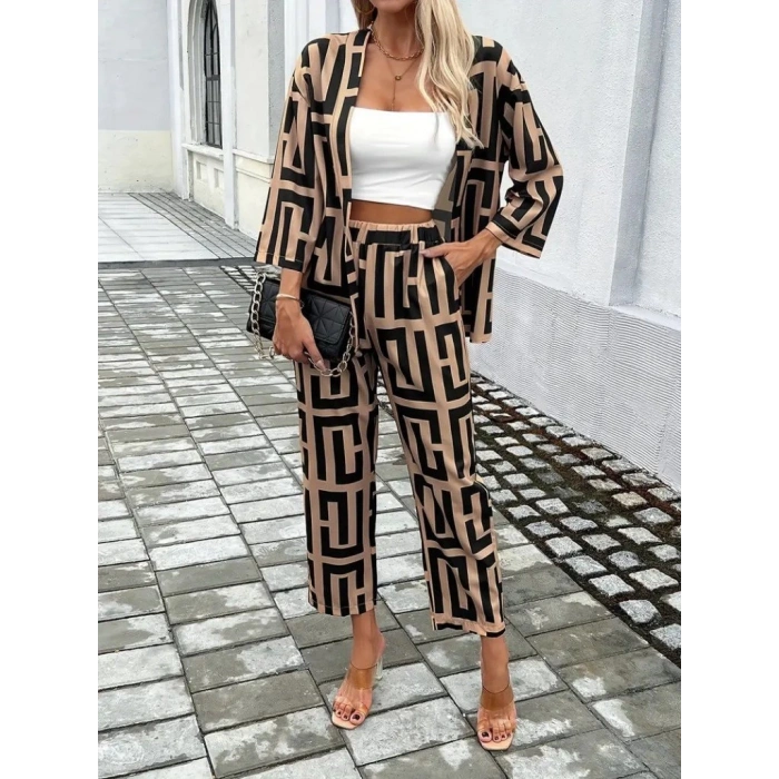 Kadın Uzun Kollu önü Açık Desenli Iki Iplik Ceket Ve Pantolon Ikili Takım