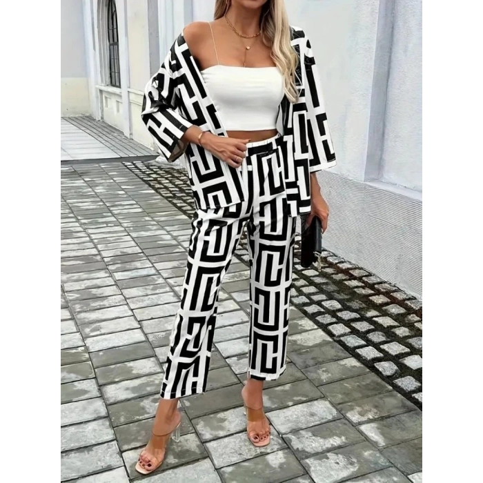 Kadın Uzun Kollu önü Açık Desenli Iki Iplik Ceket Ve Pantolon Ikili Takım