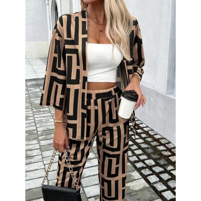 Kadın Uzun Kollu önü Açık Desenli Iki Iplik Ceket Ve Pantolon Ikili Takım