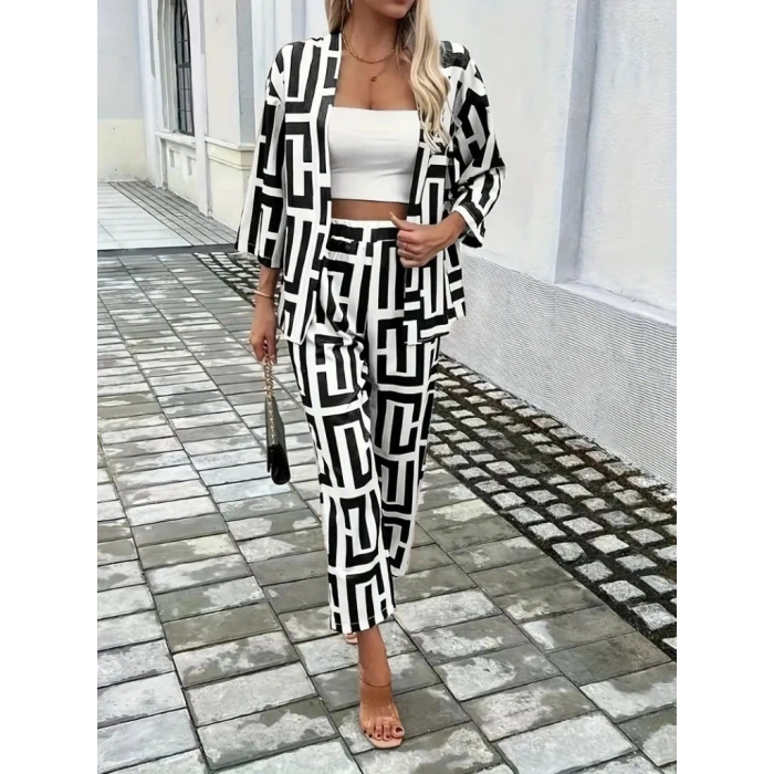 Kadın Uzun Kollu önü Açık Desenli Iki Iplik Ceket Ve Pantolon Ikili Takım