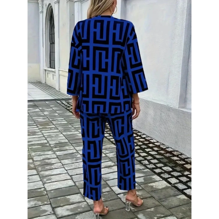 Kadın Uzun Kollu önü Açık Desenli Iki Iplik Ceket Ve Pantolon Ikili Takım