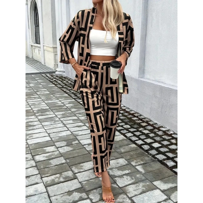 Kadın Uzun Kollu önü Açık Desenli Iki Iplik Ceket Ve Pantolon Ikili Takım