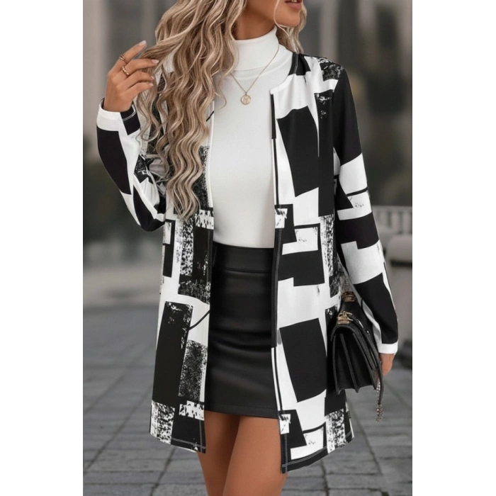 Kadın Uzun Kollu önü Açık Desenli Modal Kısa Ceket