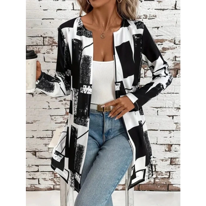Kadın Uzun Kollu önü Açık Desenli Modal Kısa Ceket