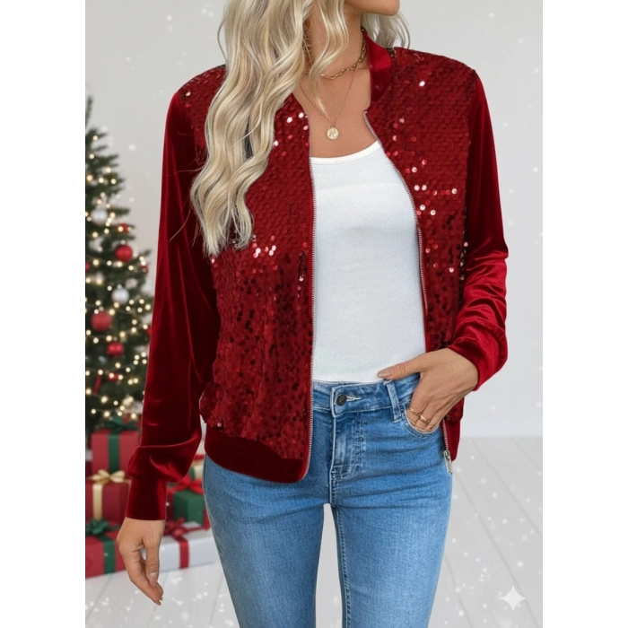 Kadın Uzun Kollu önü Açık Fermuarlı Pulpayetli Kadife Ceket