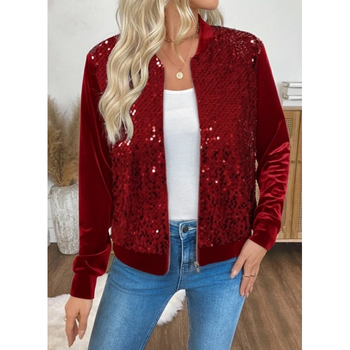 Kadın Uzun Kollu önü Açık Fermuarlı Pulpayetli Kadife Ceket