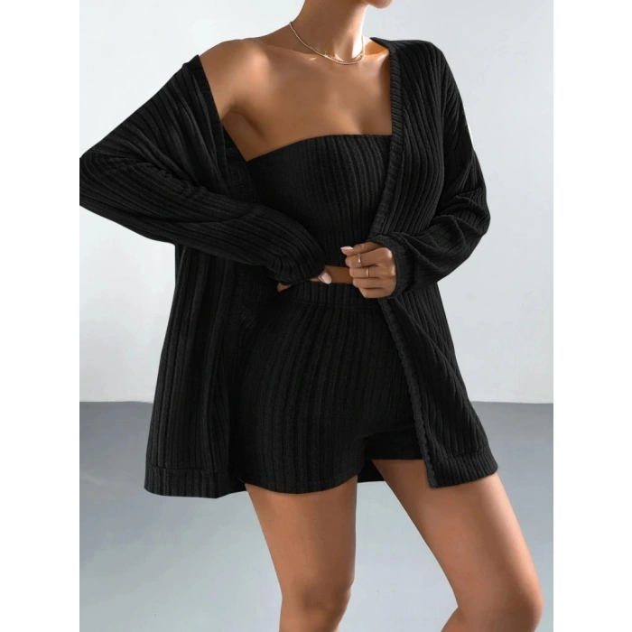 Kadın Uzun Kollu önü Açık şardonlu Kaşkorse Ceket Büstiyer Ve Short üçlü Takım