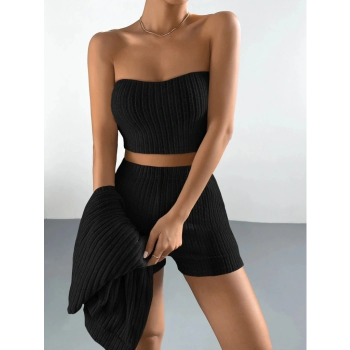 Kadın Uzun Kollu önü Açık şardonlu Kaşkorse Ceket Büstiyer Ve Short üçlü Takım